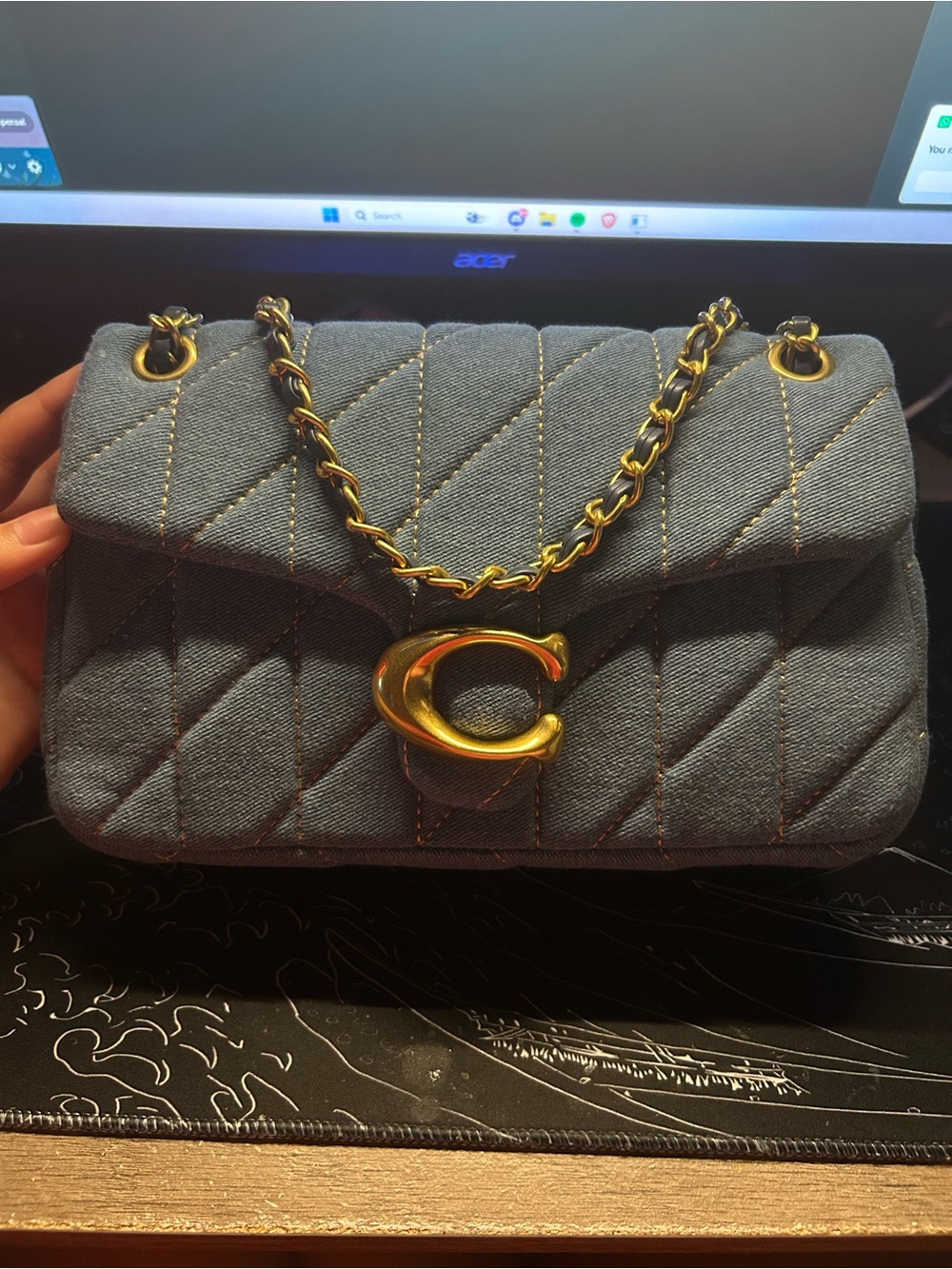Coach Quilted Denim Shoulder Bag with Gold 'C' Hardware